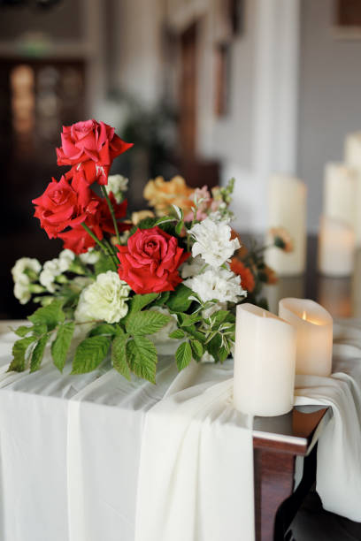 istock beautiful flower arrangement. Wedding Banquet or gala dinner. 2200165399