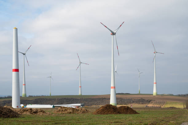 istock Construction site for wind turbine park, transformation to renewable sustainable energy with windfarm, environmental conversation 2200169668