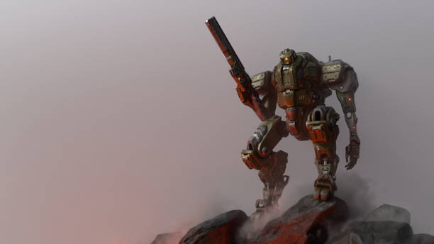 istock 3d render sci-fi mech soldier stands holding a powerful weapon in one hand. 2200174730