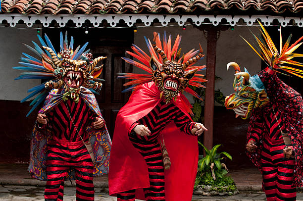 Dirty Devil's dance dressed in colorful costumes and terrifying masks ( Diablico Sucio from Villa de Los Santos) Panama, Central America - stock photo