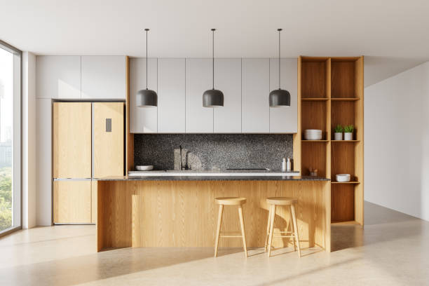 istock Elegant dining area with a modern table and mustard chairs in a bright kitchen space. 3D Rendering 2200178663
