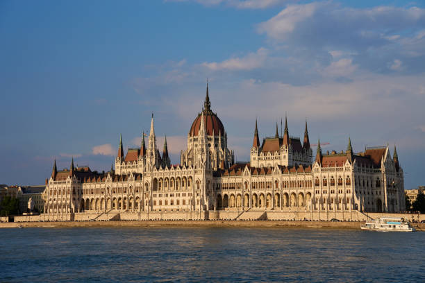 Hungarian Parliament Building in Budapest at sunset with reflection in Danube River. Neo Gothic architecture and famous landmark of Hungary