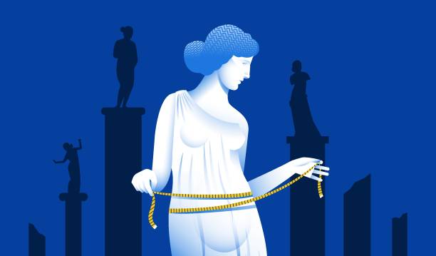Greek antique statue measuring waist. Weight lost, wellness, beuaty standarts concept. Vector illustration.