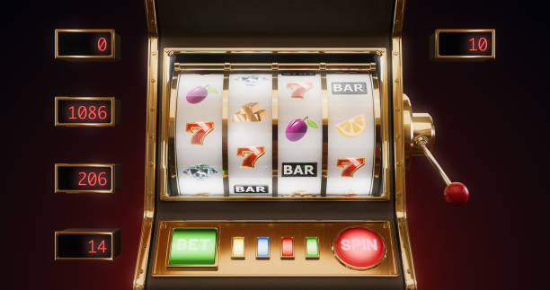 istock Classic slot machine with golden details and illuminated interface 2200183957