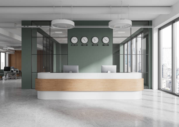 istock Modern office reception area with clocks on green wall and city view through large windows. 3D Rendering 2200184269