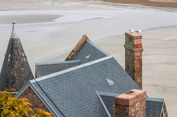 Mont Saint-Michel, France - January 25, 2016: A serene view of the rooftops and chimney of a historic building with seagulls perched on top, overlooking the expansive sandy tidal flats.