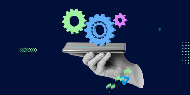 istock Process automation and collaboration concept. Teamwork, technology, and innovation. Hand holding a digital device with colorful gears floating above. Minimalist art collage 2200189298