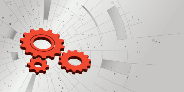 Progress and system optimisation concept. Red gears on a digital futuristic background. Copy space