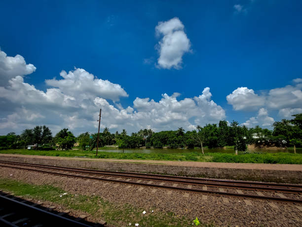 istock Rail junction with an beautiful scenery with blue sky and white cloud 2200189453