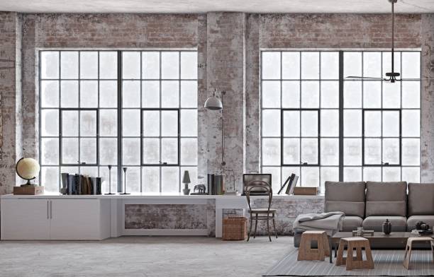 istock Industrial loft with brick walls, large windows, 2200193666