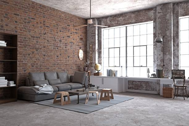 istock Industrial loft with brick walls, large windows, 2200193678