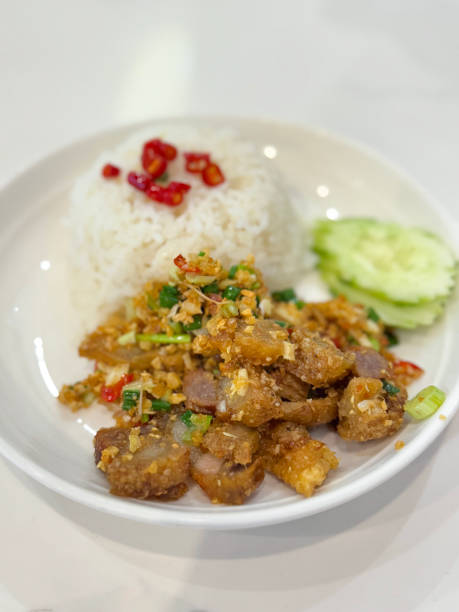 istock Image of authentic Thai fried crispy pork belly with rice and fresh cucumber / traditional Asian dish, savory flavors, crunchy texture 2200195088