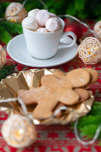 Festive Christmas scene featuring a white cup filled with hot chocolate and topped with fluffy white and pink marshmallows placed on a saucer and accompanied by a plate filled with gingerbread cookies.