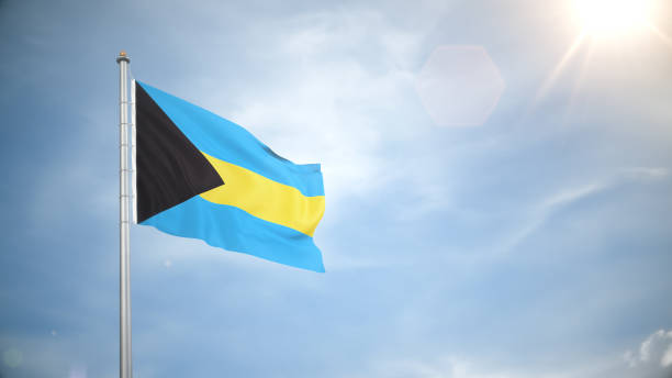 3d Render Bahamas Flag Waving in the Wind in Blue Sky, Concepts of Democracy and International Relations, (close-up)