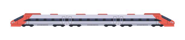 istock Bullet train side view. Modern high speed passenger railroad transport with carriages. Fast electric railway locomotive with wagons. Rail travel. Flat isolated vector illustration on white background 2200202278