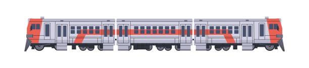 istock Passenger train with carriages side view. Electric railroad transport with wagons for subway. Railway coaches with locomotive for rail travel. Flat isolated vector illustration on white background 2200202314