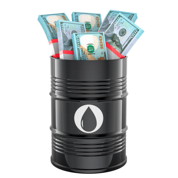 istock Oil barrel with dollar packs, 3D rendering 2200202451