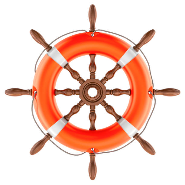 Safety at sea, concept. Steering wheel ship with lifebelt, 3D rendering isolated on white background