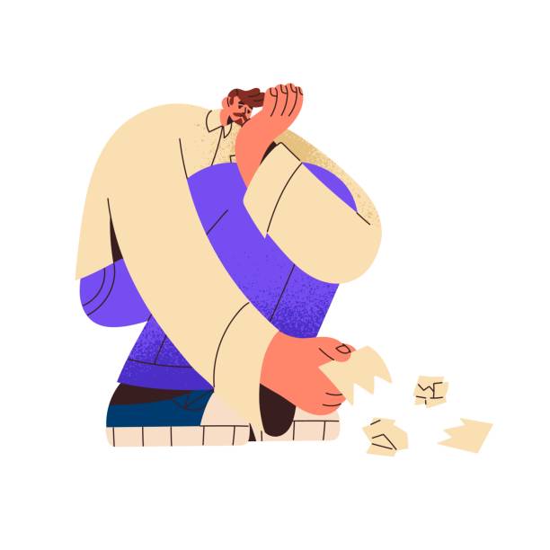 istock Sad employee above torn pieces of papers, destroyed documents. Broken, upset businessman breaches contract, fails in work. Termination of agreement, business failure. Flat isolated vector illustration 2200202741