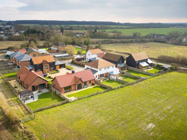 Aerial view of a small but exclusive housing development in rural East Anglia, UK. stock photo