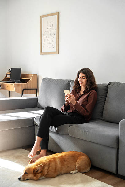 istock Young freelance business woman sitting on couch sofa using mobile phone application for work remotely, chatting online. Relaxing girl at real estate apartment home chill out holding gadget. Vertical 2200209521