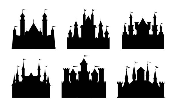 istock Collection of Castle Silhouettes Featuring Six Different Medieval Castles with Towers and Flags 2200214622