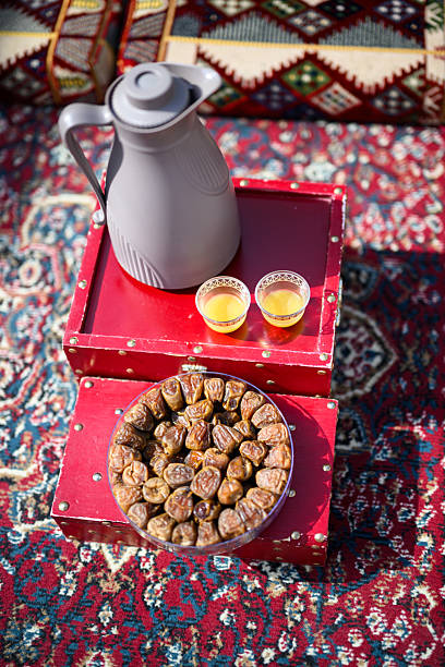 Traditional tea pot and dates on table in majlis