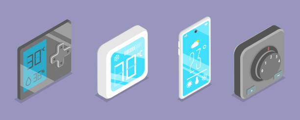 3D Isometric Flat Vector Set of Smart Home Heating And Cooling 3D Isometric Flat Vector Set of Smart Home Heating And Cooling, Thermostat Collection oven dials stock illustrations