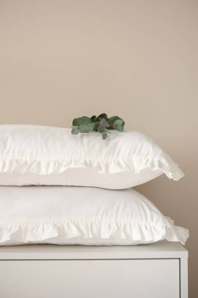 istock Two white pillows with Eucolyptus leaves on bed on dresser. 2200219151