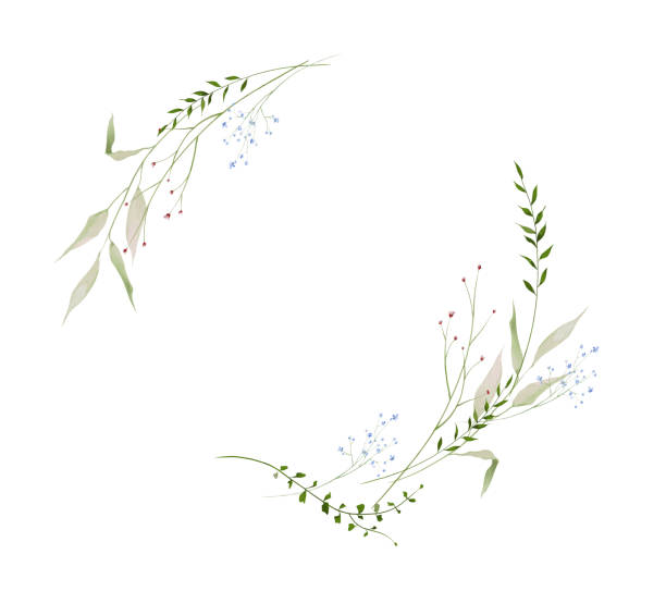 istock Watercolor floral round frame. Meadow red, blue forget-me-not flowers, green wild branches, sage leaves, herbs. 2200225067
