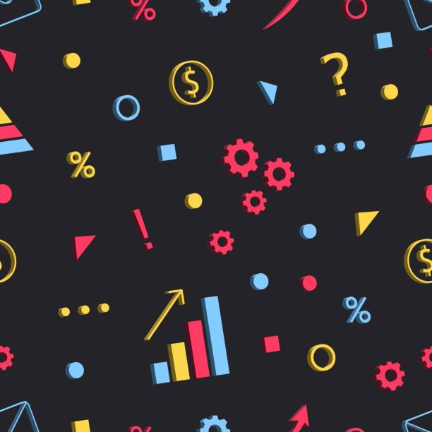Seamless Pattern. Abstract Modern Print. Multicolored 3D Elements on Black Background. Business Icons Seamless Pattern. Abstract Modern Print. Multicolored 3D Elements on Black Background. Business Icons. Gears, Graph, Dollar sign, Percent sign, Arrow, Geometric shapes. Vector Illustration bright red and yellow triangle exclamation mark stock illustrations