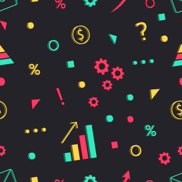 Seamless Pattern. Abstract Modern Print. Multicolored 3D Elements on Black Background. Business Icons Seamless Pattern. Abstract Modern Print. Multicolored 3D Elements on Black Background. Business Icons. Gears, Graph, Dollar sign, Percent sign, Arrow, Geometric shapes. Vector Illustration. bright red and yellow triangle exclamation mark stock illustrations