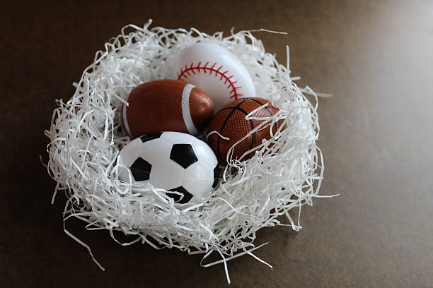 abstract nest with sports themed Easter eggs spring backdrop graphic element eggs soccer football baseball basketball on white grass isolated on dark background