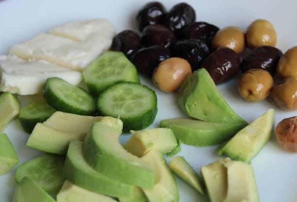 Breakfast plate with olives, avocado amd cheese