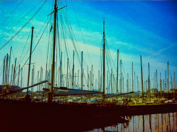 Four-masts schooner in natural harbor of Brest in Brittany during summer