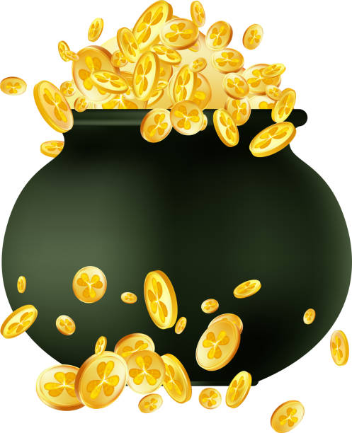 istock Realistic 3d Pot of Gold with Shamrocks and gold coins. 2200243720