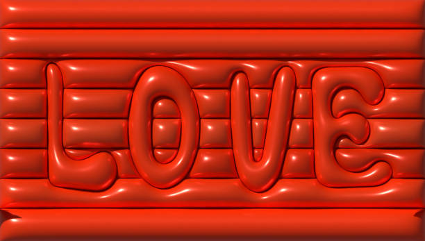 Love inscription on red shiny background, 3D rendering illustration