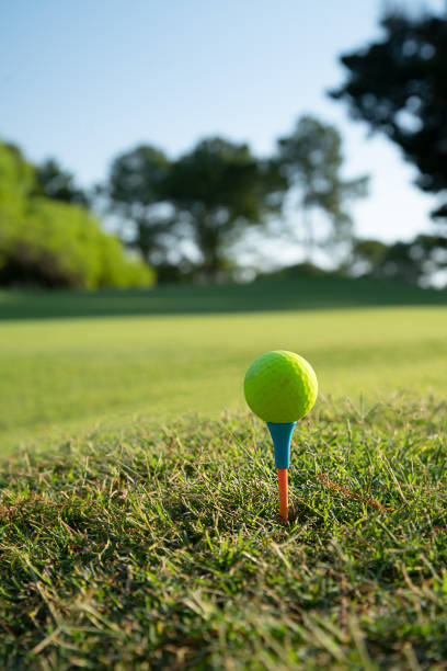 Closeup of golfer wearing glove placing golf ball on tee at golf course