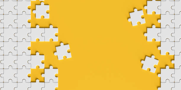 istock Copyspace background with white jigsaw puzzle on yellow background. 3d rendering 2200273240
