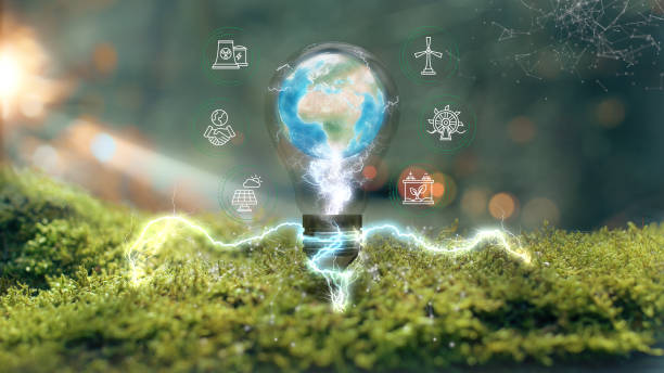 istock Clean Energy Icons Earth In Bulb On Moss Plexus Concept 2200273595