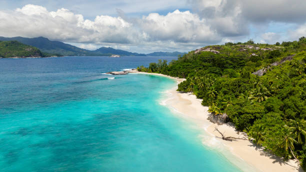 istock White sandy beach with turquoise water and lush greenery. Seychelles, Mahe. 2200285540