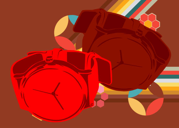 istock Retro 70s Background with wristwatch. Groovy watch 1970s art template. Minimalistic Vintage design poster. Old-fashioned color artwork. 2200293535