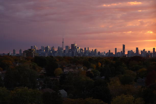 istock Landscape view of Toronto downtown, CN tower in dawn time during fall evening 2200297252