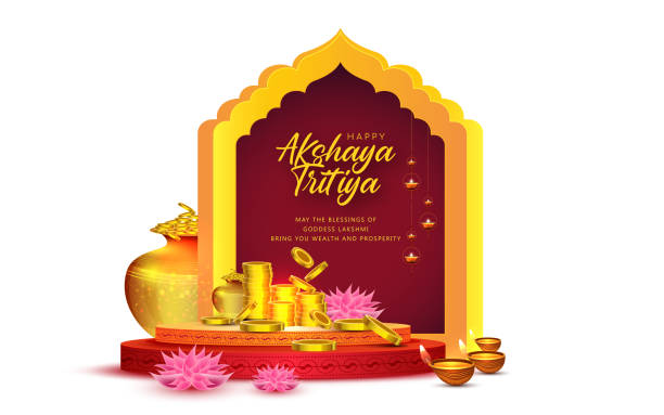Banner design of happy akshaya tritiya festival template with festive elements. Auspicious akshaya tritiya festival greeting design stock illustration puja set stock illustrations
