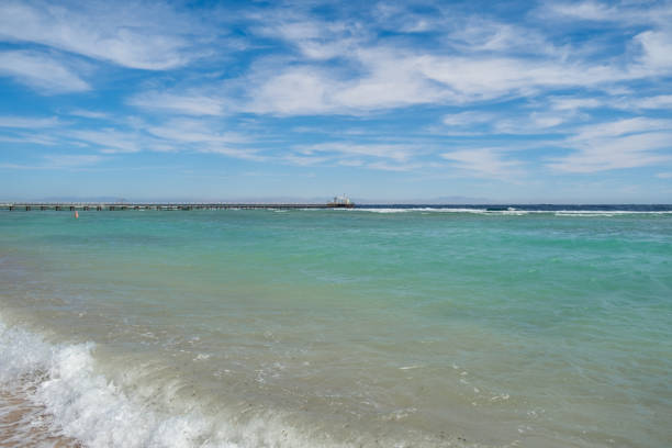 Turquoise waves gently lap at the sandy shore while a pier adds charm to the beachfront in Egypt, all beneath a blue sky.