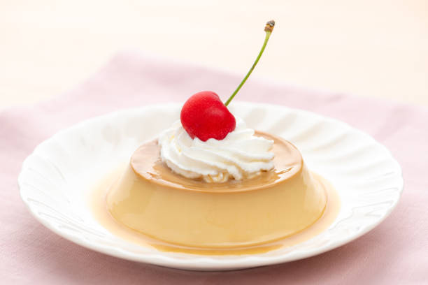 Custard Pudding Topped with Cherries and Whipped Cream
