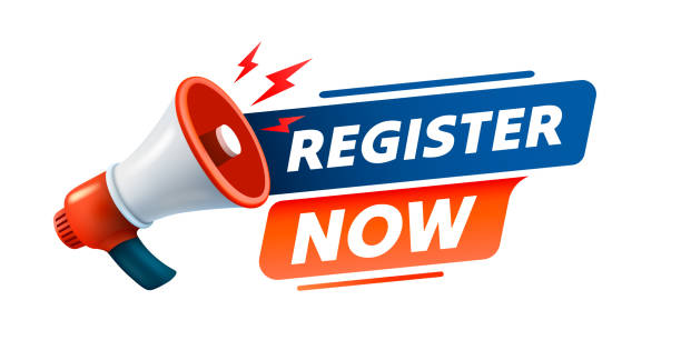 Register now message, megaphone announces news, banner service. Vector illustration Register now message, megaphone announces news, banner service. Vector illustration join today button stock illustrations