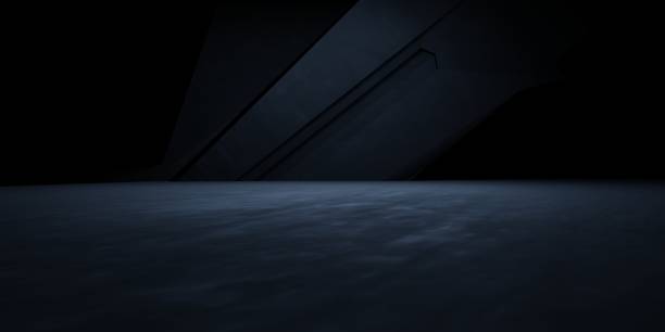 istock 3d rendering of black hallway dark room spaceship background with abstract geometric. minimalist concept. Scene for advertising, showroom, technology, modern, sport, game, garage. Sci Fi Illustration 2200321164