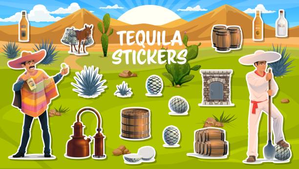 Mexican agave and tequila production stickers pack Mexican agave and tequila production stickers pack, vector mezcal alcohol drink. Cartoon donkey, agave and pinas, tahona, distillery oven, tank and copper pot still, jimador, tequila bottles, barrels mexican mule stock illustrations