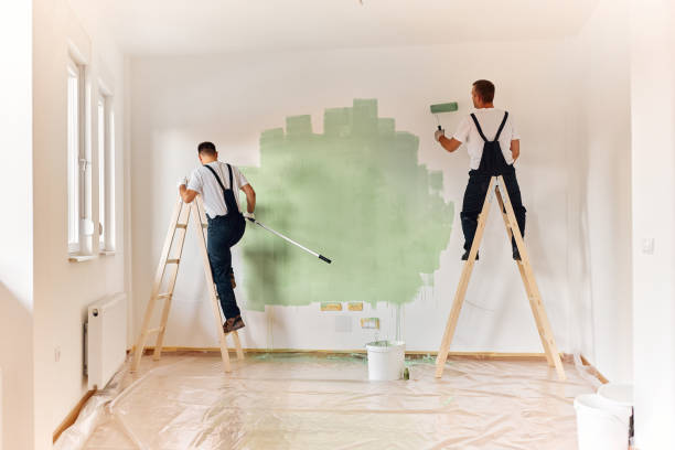 Rear view of male workers standing on ladders and painting the wall in green color. Copy space.